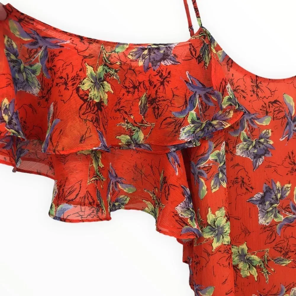 Adelyn Rae Orange Floral Off Shoulder Ruffle Asymmetrical Hem Dress size XS - Picture 5 of 13
